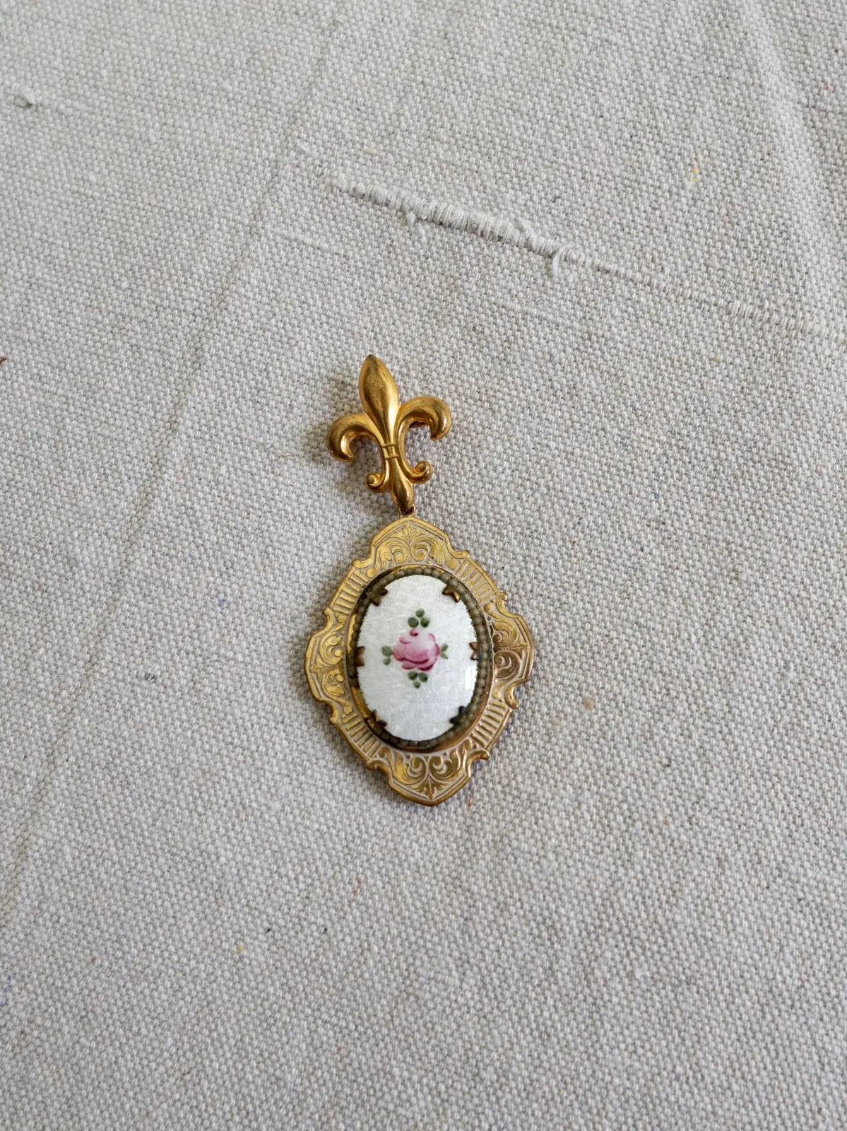 Painted Rose Guilloche Fleur De Lis Locket Brooch