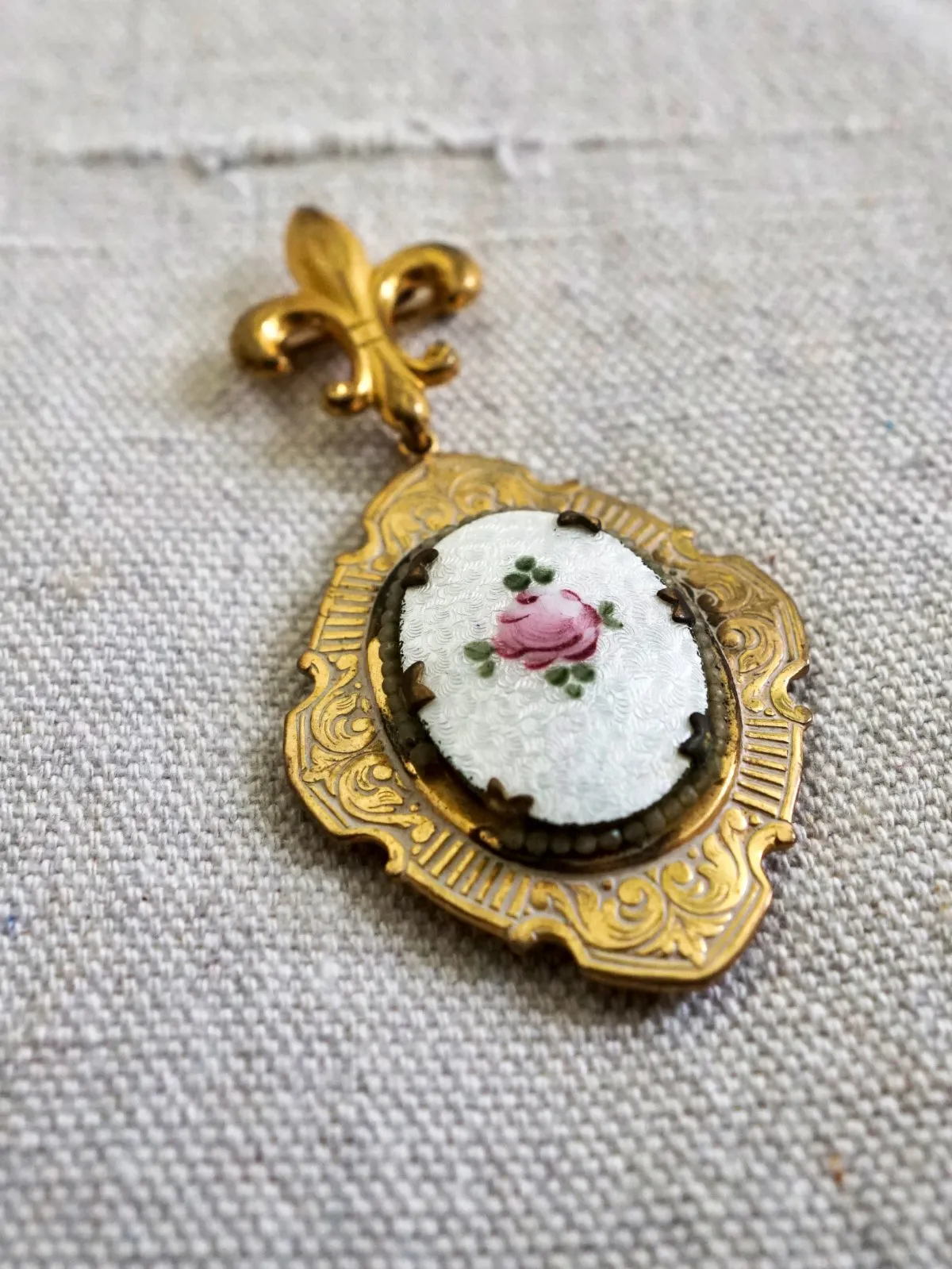 Painted Rose Guilloche Fleur De Lis Locket Brooch