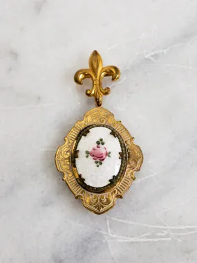 Painted Rose Guilloche Fleur De Lis Locket Brooch