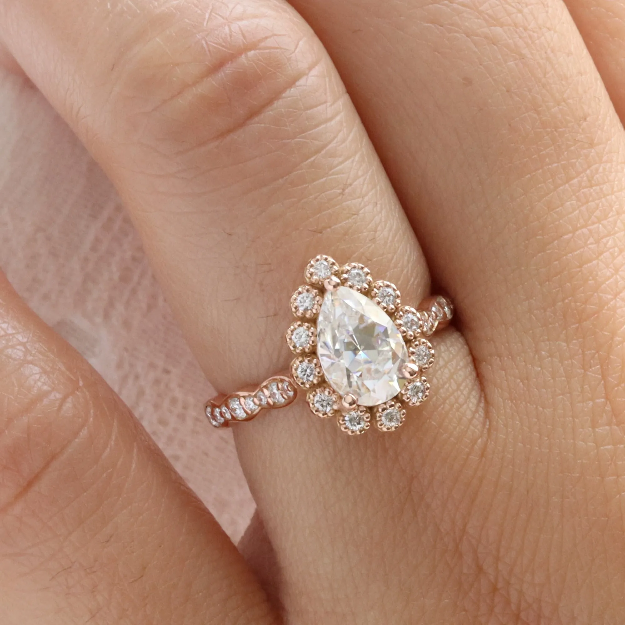 Pear Moissanite Engagement Ring in Vintage Luna Halo Diamond Ring