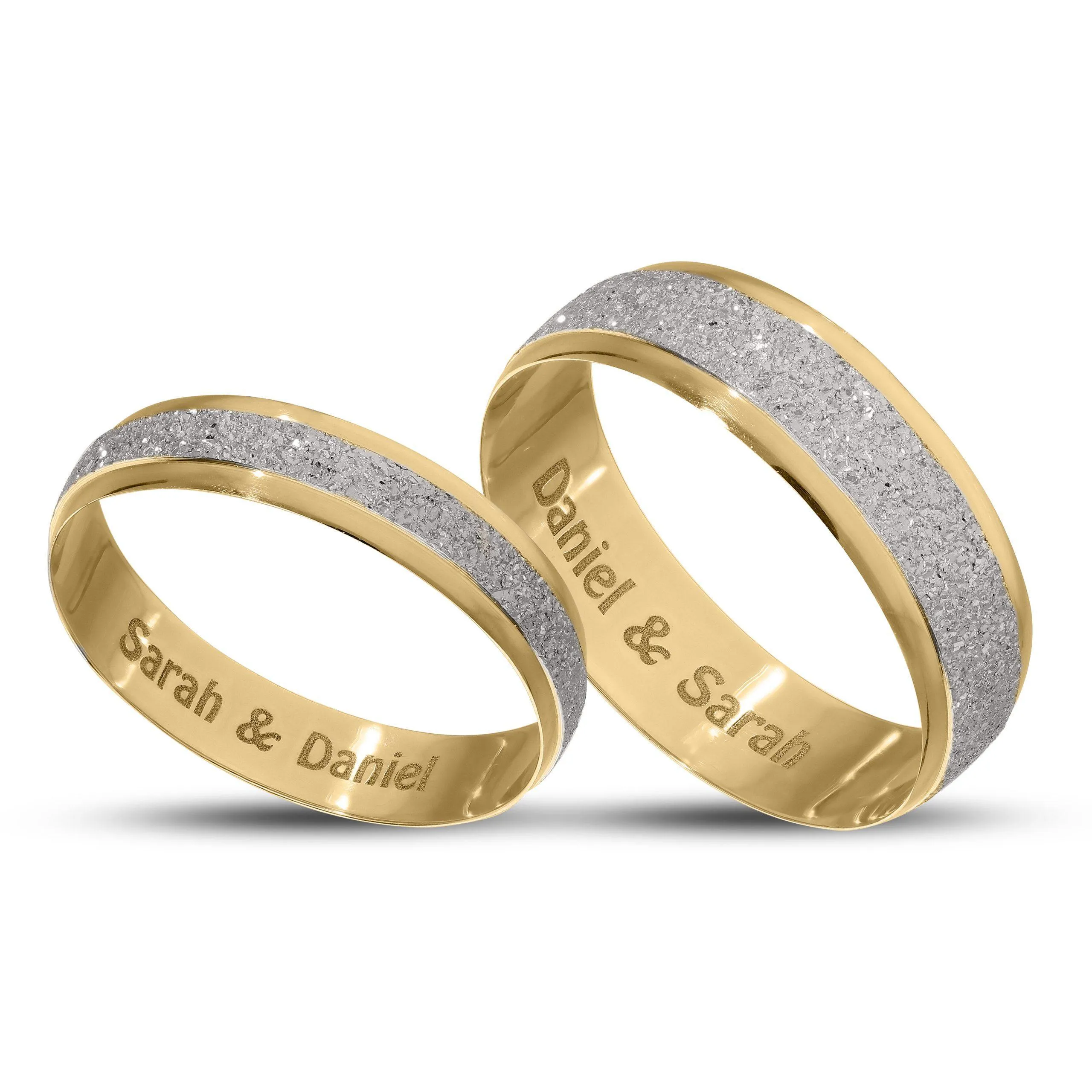 Personalised 9ct Gold Wedding Ring Set of 2 with Sparkling Rhodium Moon Dust Center in Yellow and White Gold