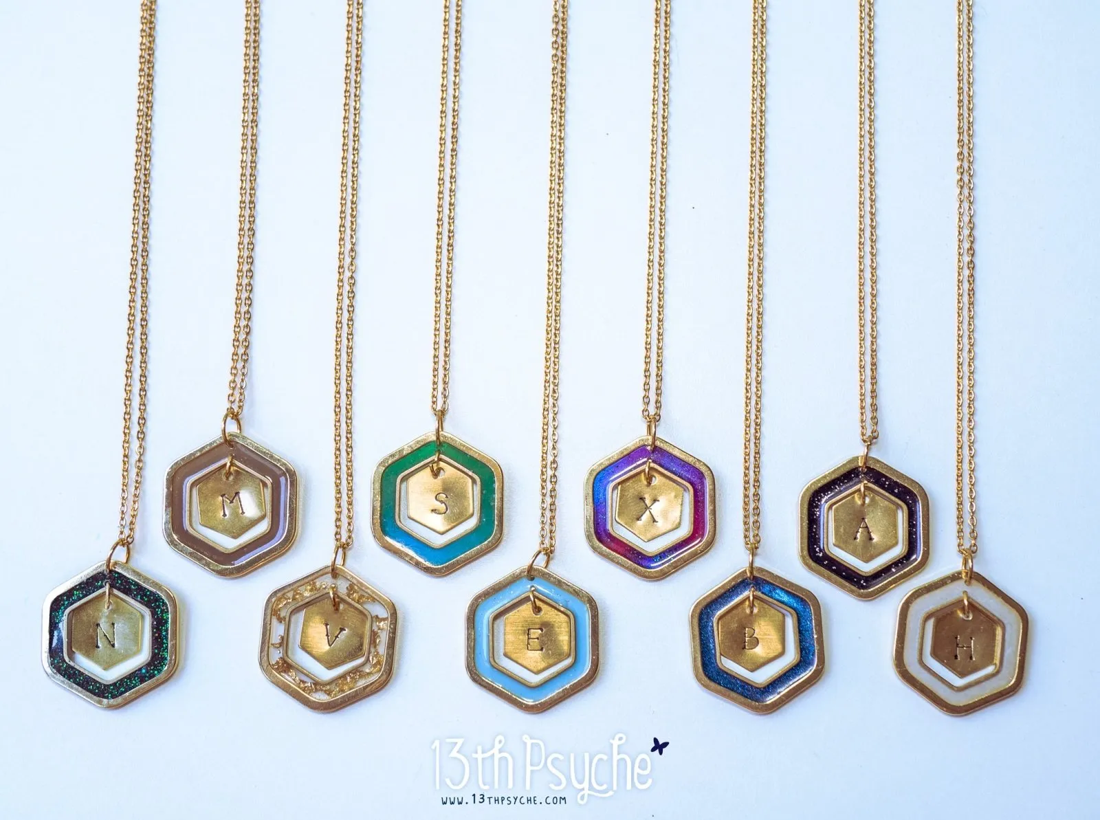 Personalized resin hexagon initial pendant necklace