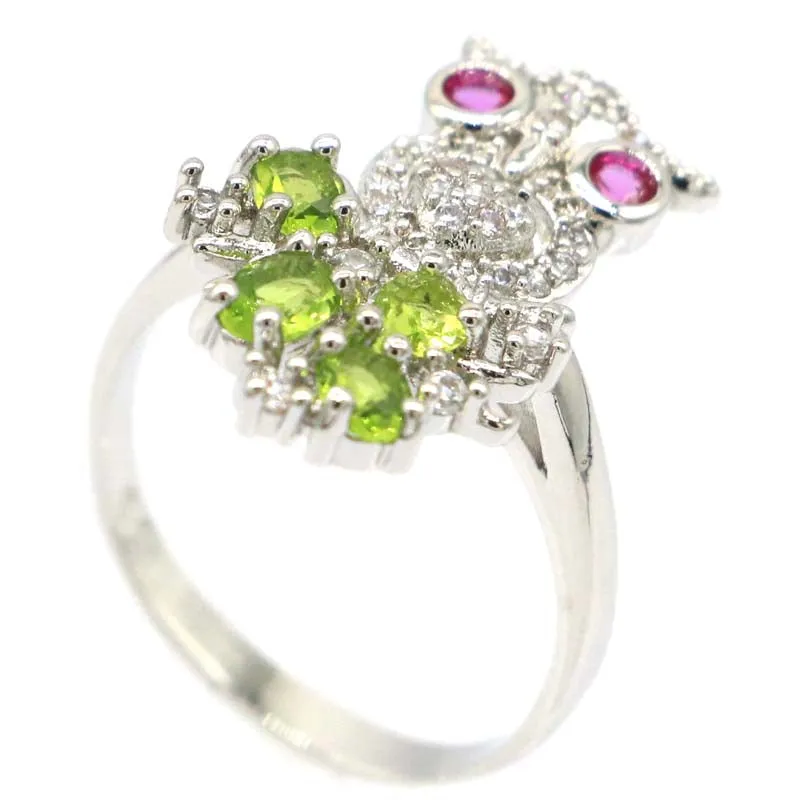 Petite Green Peridot Pink Tourmaline CZ Owl Ring Size 9