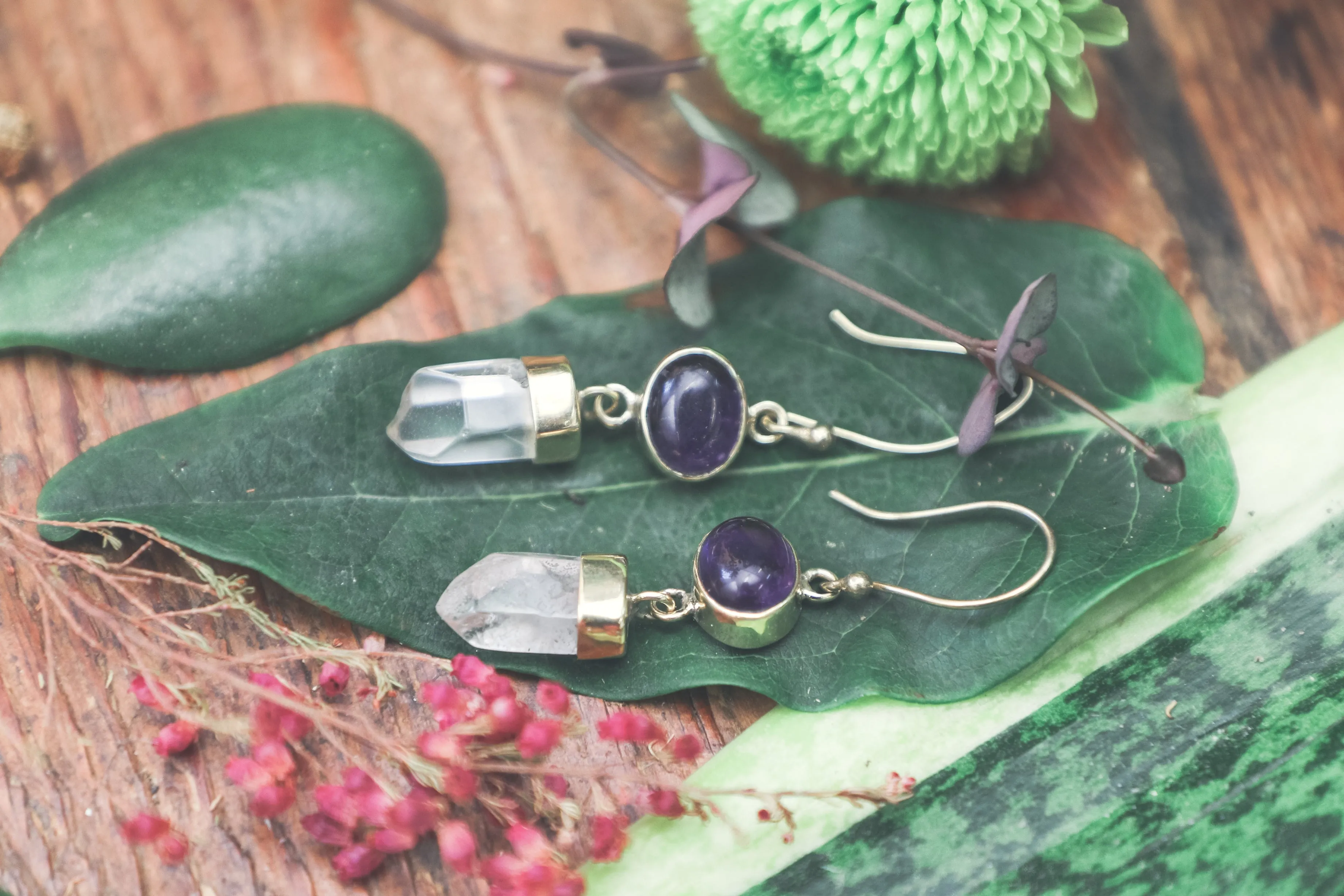 Quartz and Amethyst Drop Earrings