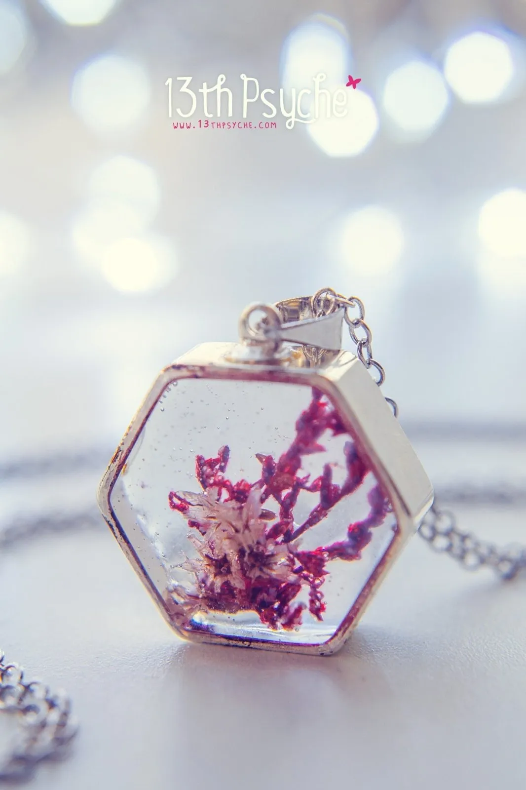 Real dried flower hexagon pendant necklace