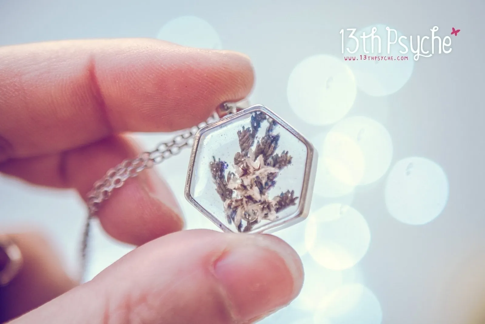 Real dried flower hexagon pendant necklace