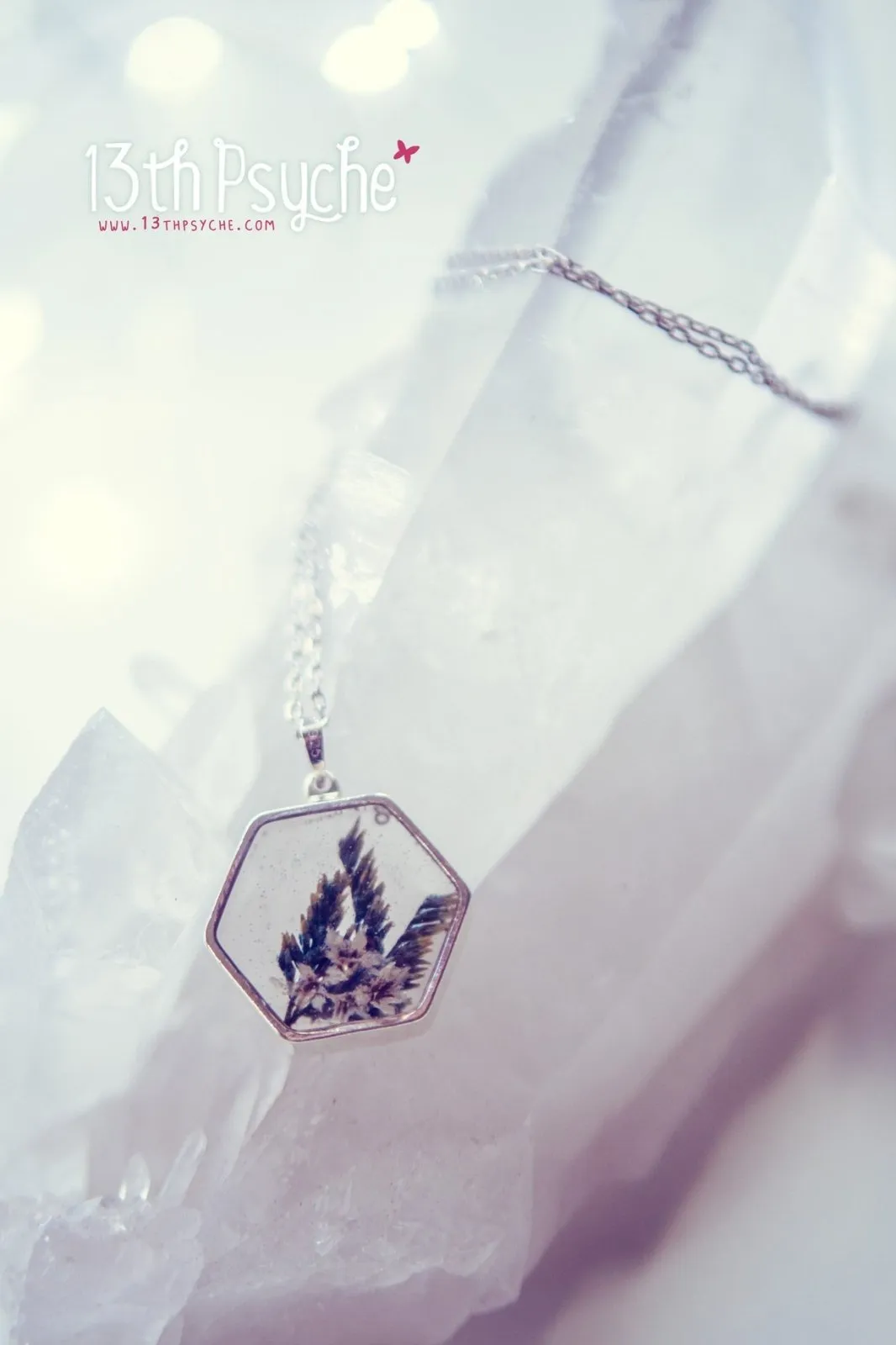 Real dried flower hexagon pendant necklace