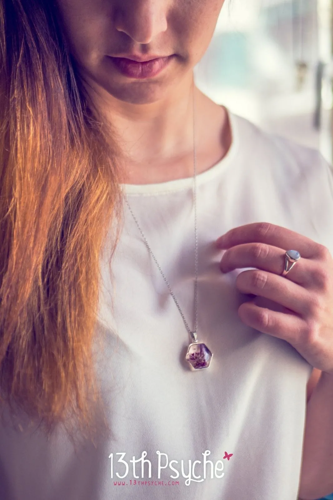 Real dried flower hexagon pendant necklace