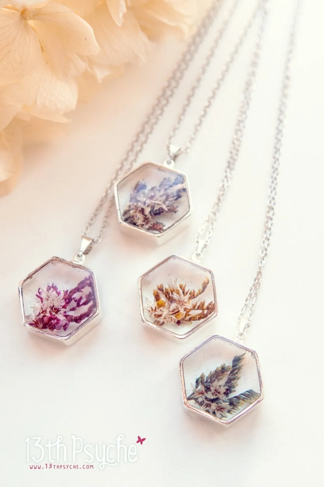 Real dried flower hexagon pendant necklace