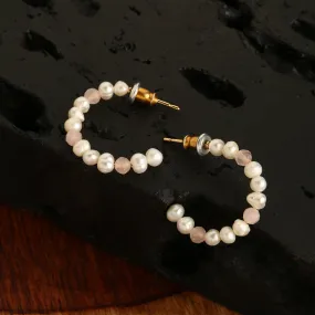 Real Gold Plated Pearl And Rose Quartz Hoop Earrings For Women By Accessorize London