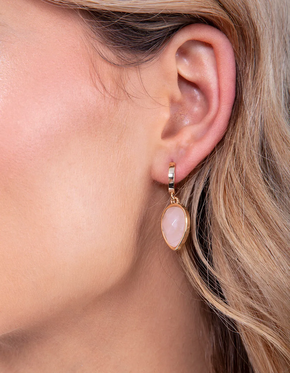 Real Gold Plated Rose Quartz Facet Huggie Earring