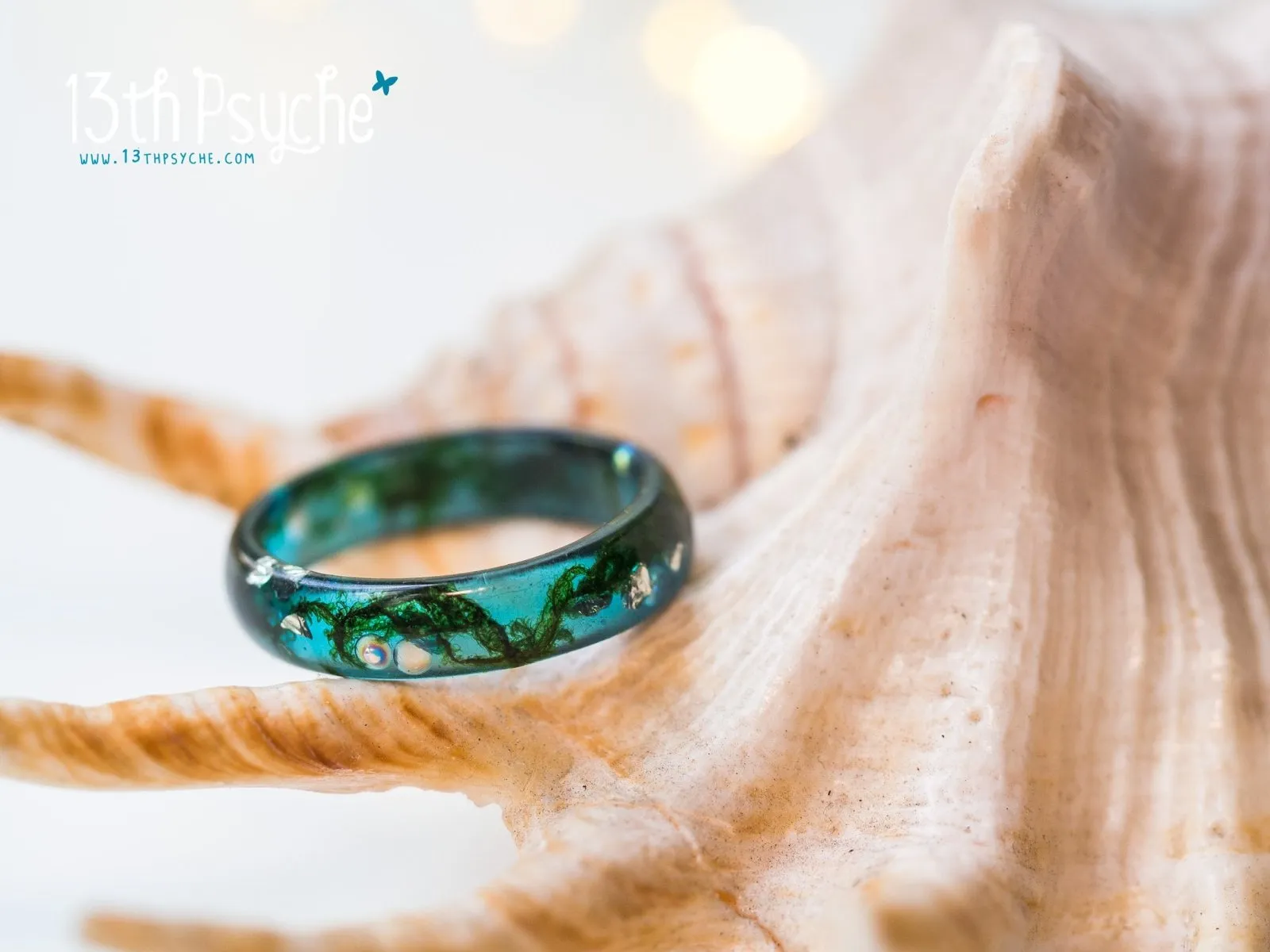 Real moss ocean ring, mermaid inspired ring