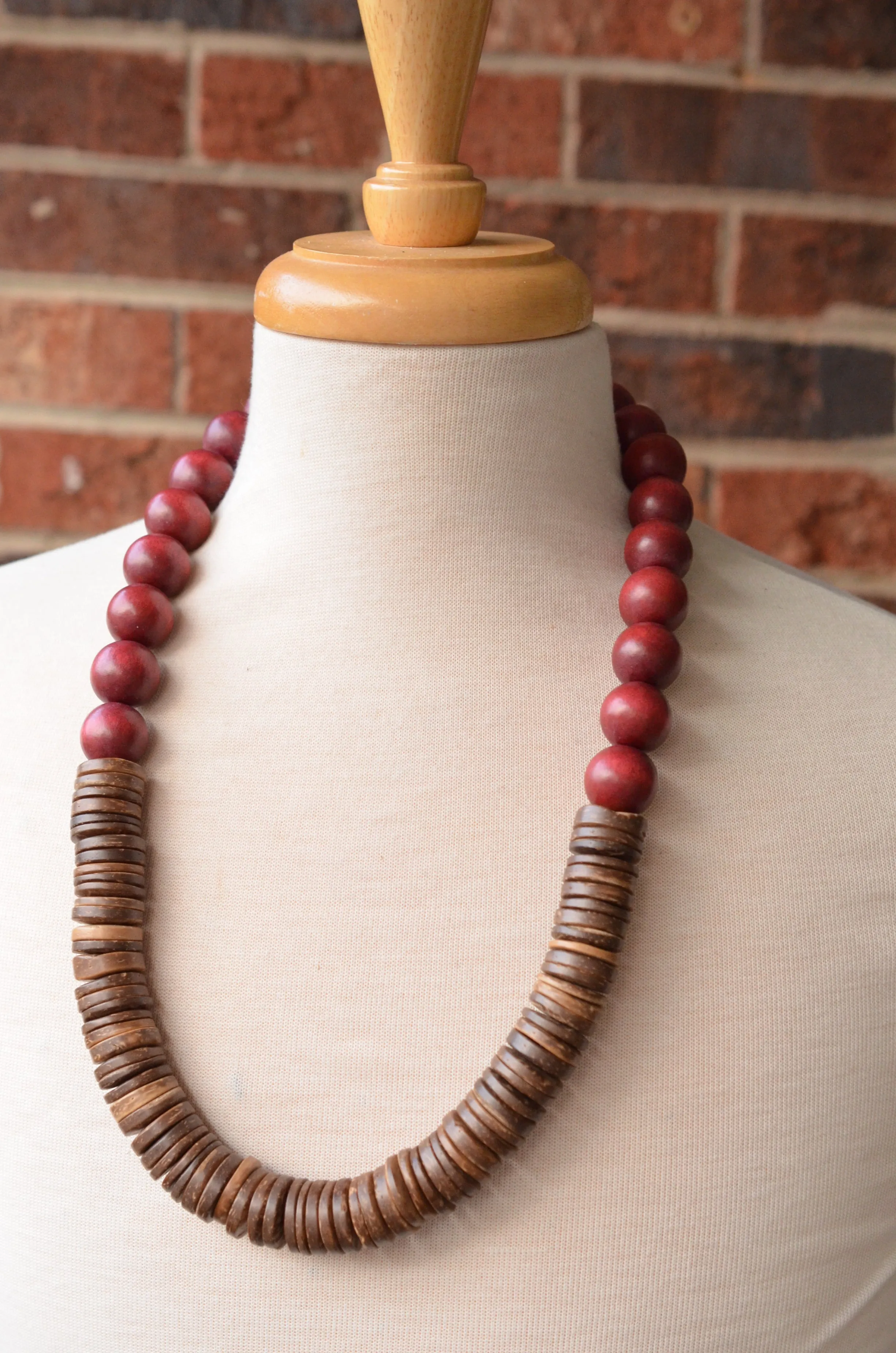 Reddish Brown Chunky Wood Long Boho Beaded Statement Necklace - Elena