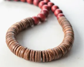 Reddish Brown Chunky Wood Long Boho Beaded Statement Necklace - Elena