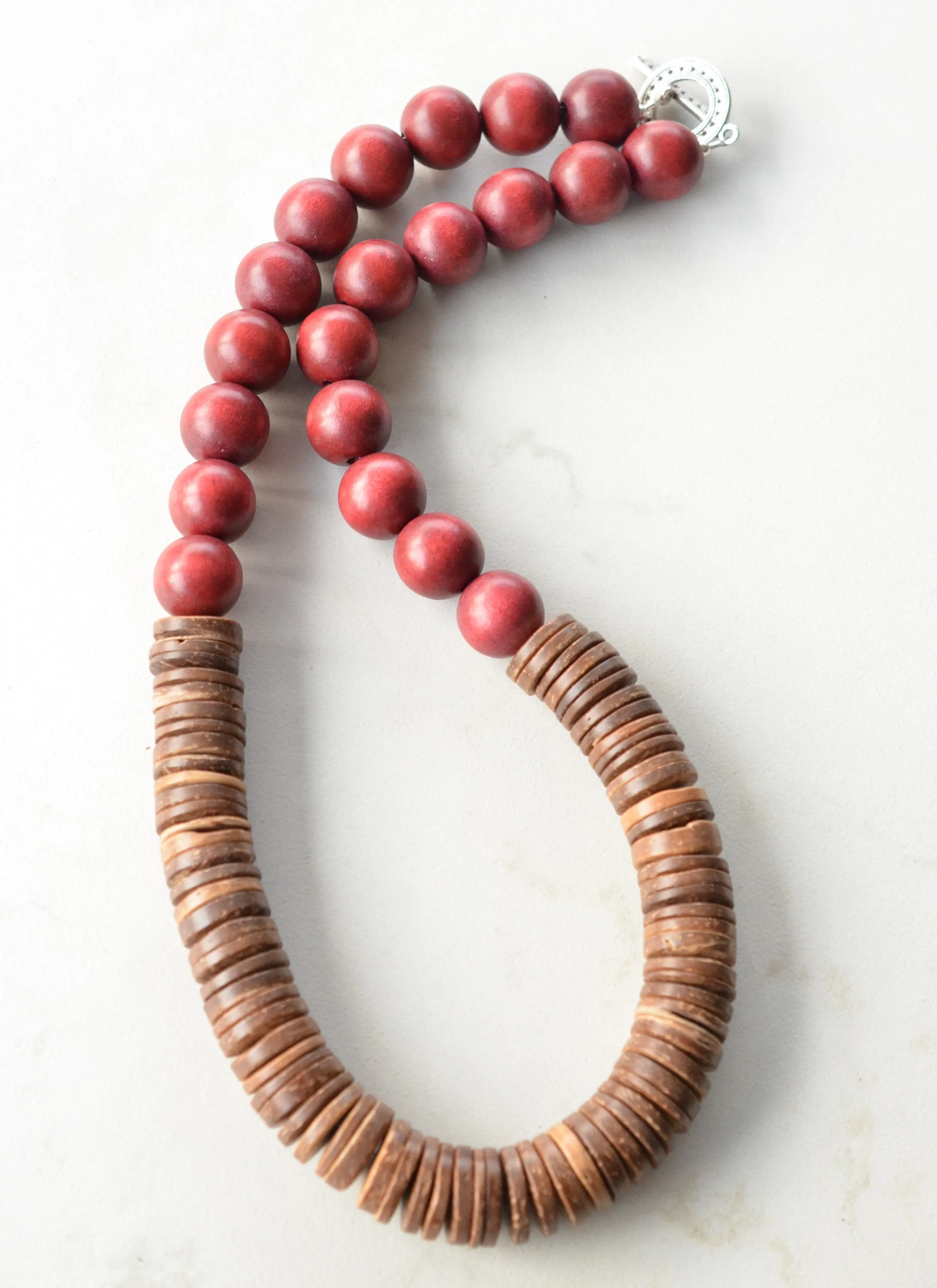 Reddish Brown Chunky Wood Long Boho Beaded Statement Necklace - Elena