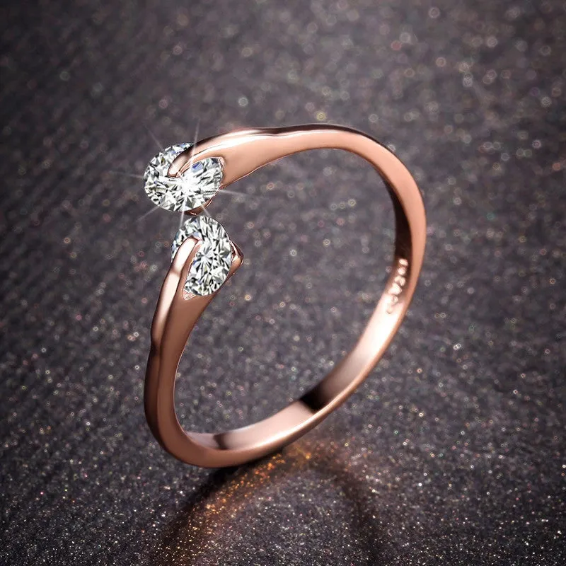 Rose Gold Plated Fashion Design Twin Zirconia CZ Engagement Wedding Band Ring For Woman And White Gold Plated Gifts