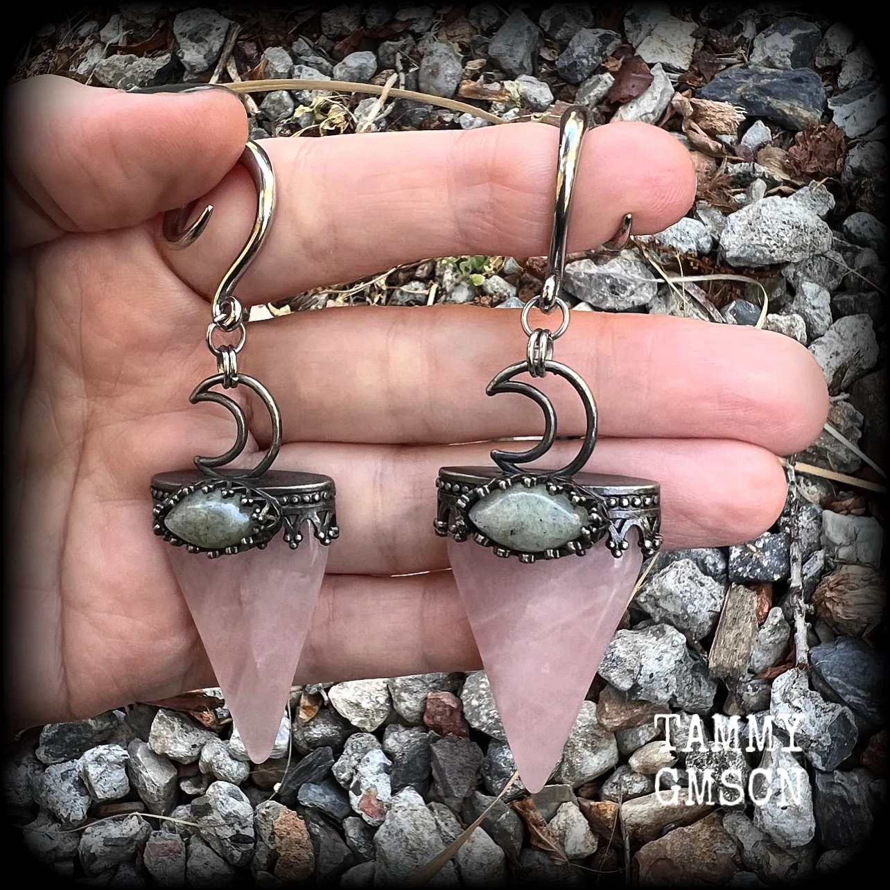 Rose quartz and labradorite crescent moon gemstone ear hangers