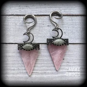 Rose quartz and labradorite crescent moon gemstone ear hangers