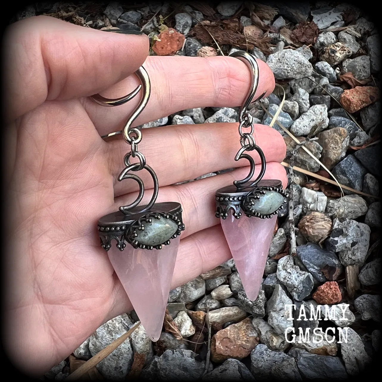 Rose quartz and labradorite crescent moon gemstone ear hangers