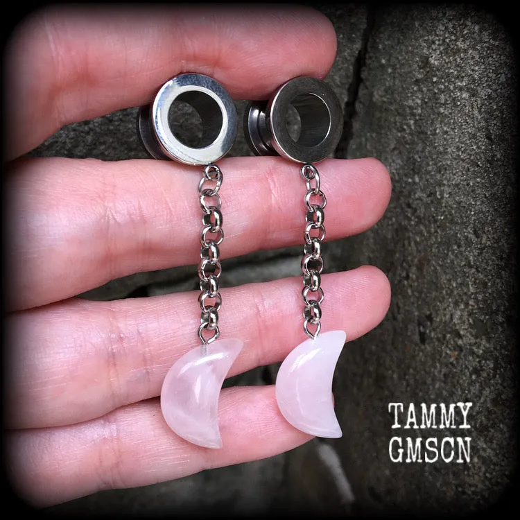 Rose quartz crescent moon tunnel dangles