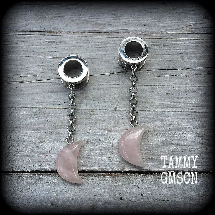 Rose quartz crescent moon tunnel dangles