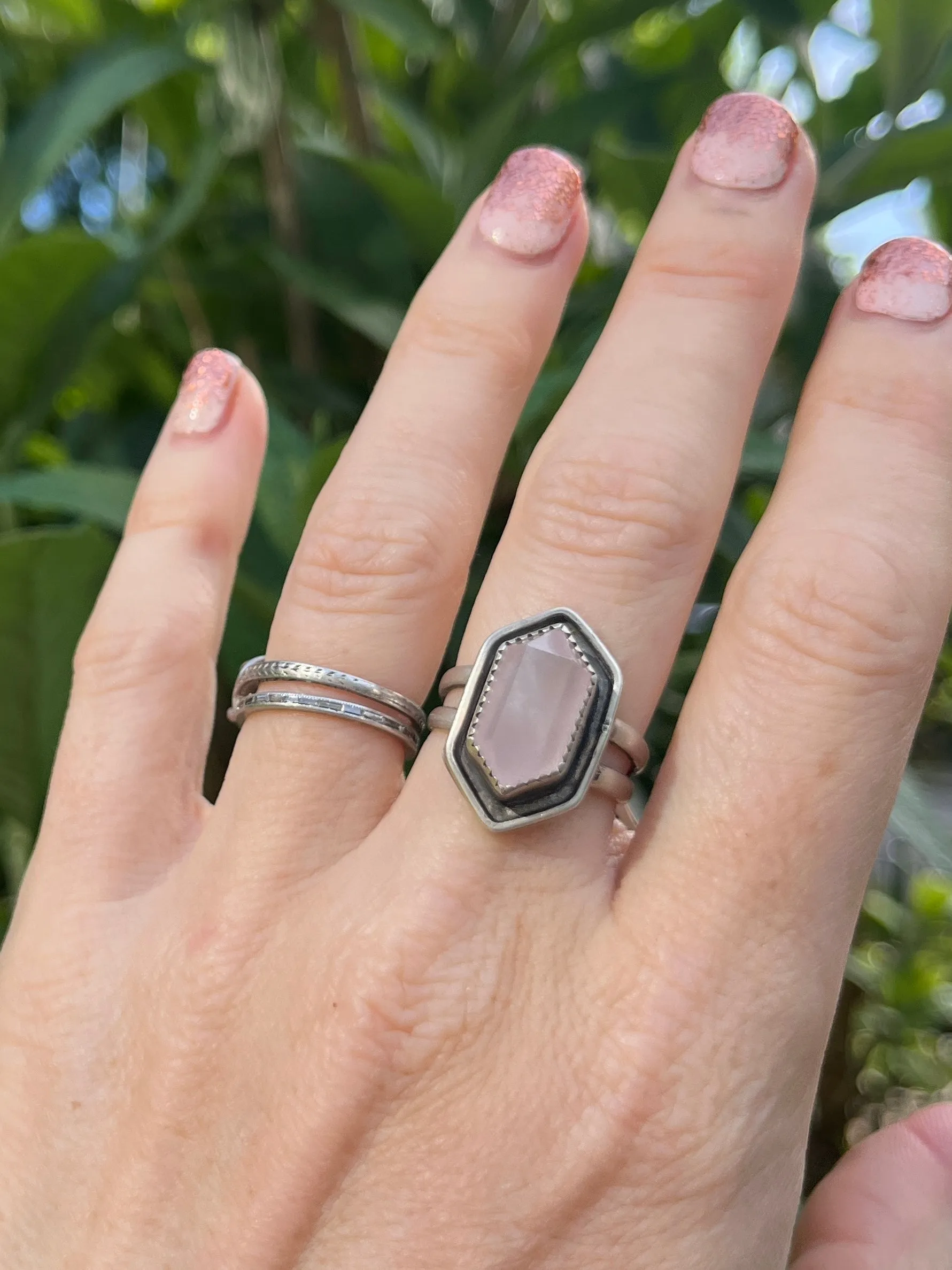 Rose Quartz Crystal Point Reservoir Ring