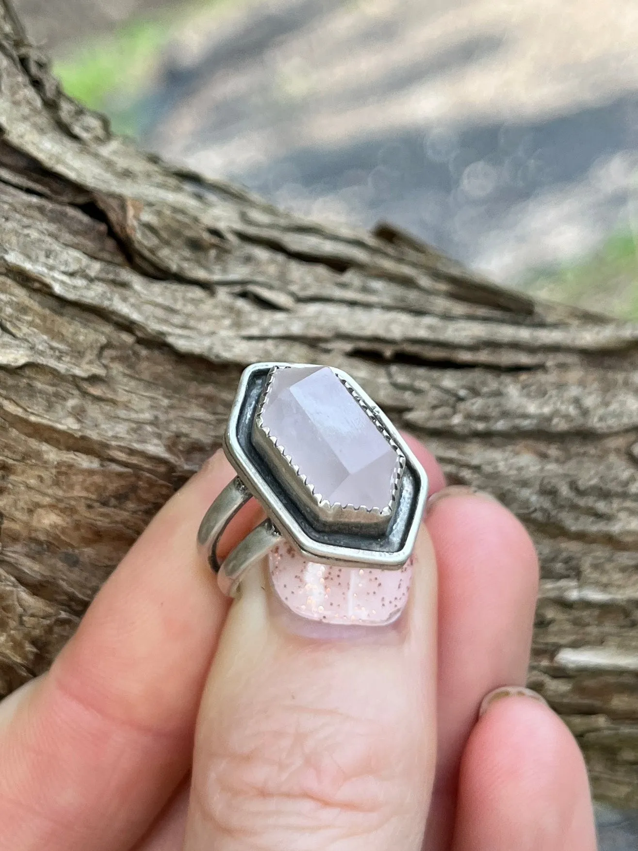 Rose Quartz Crystal Point Reservoir Ring