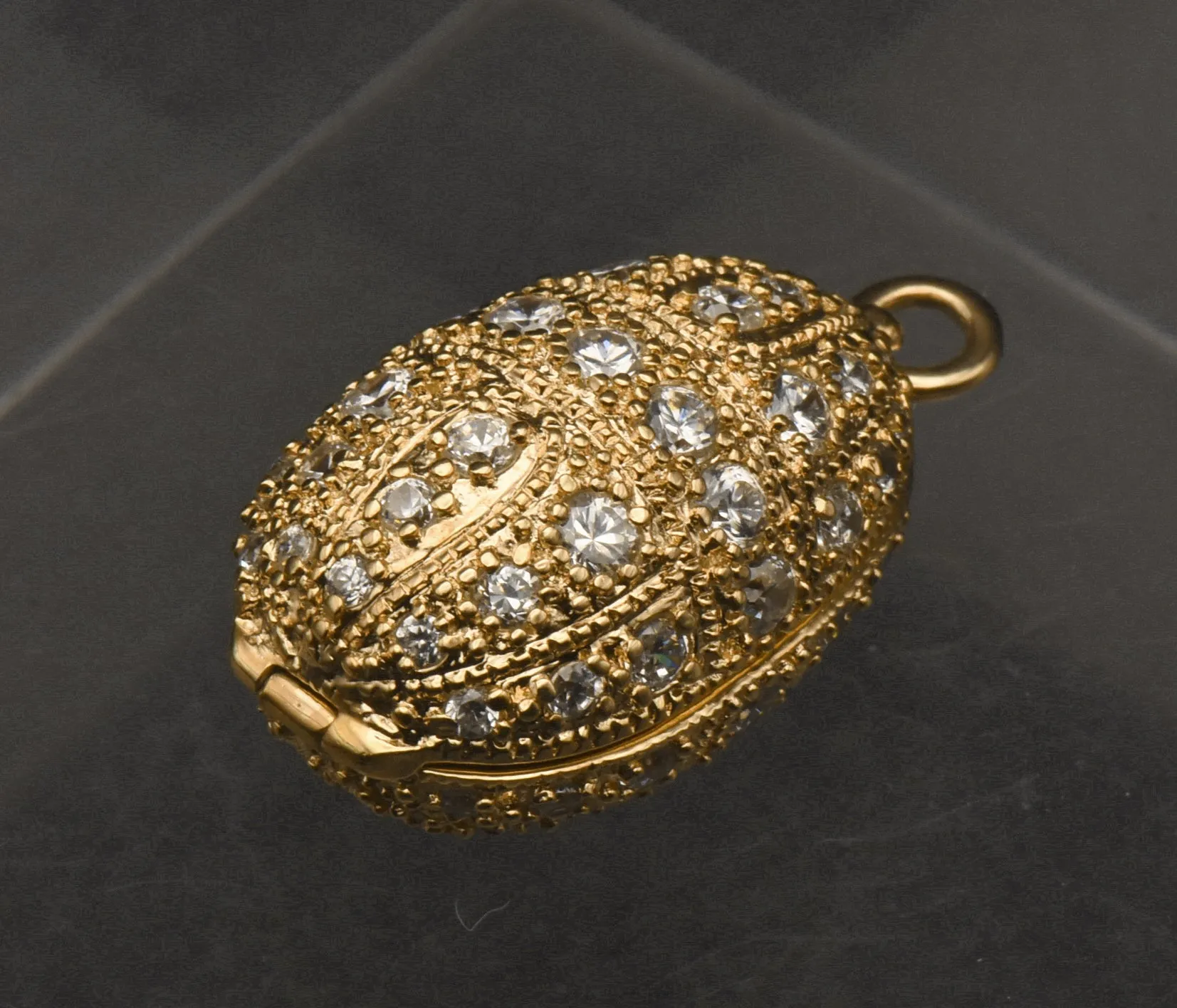 Ross-Simons - Gold Tone Sterling Silver and Cubic Zirconia Faberge Style Egg Locket Pendant