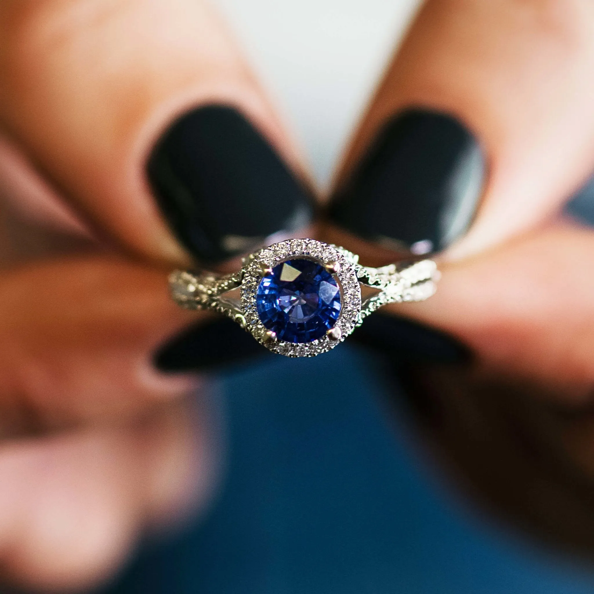 Round Blue Sapphire and Diamond Halo Ring