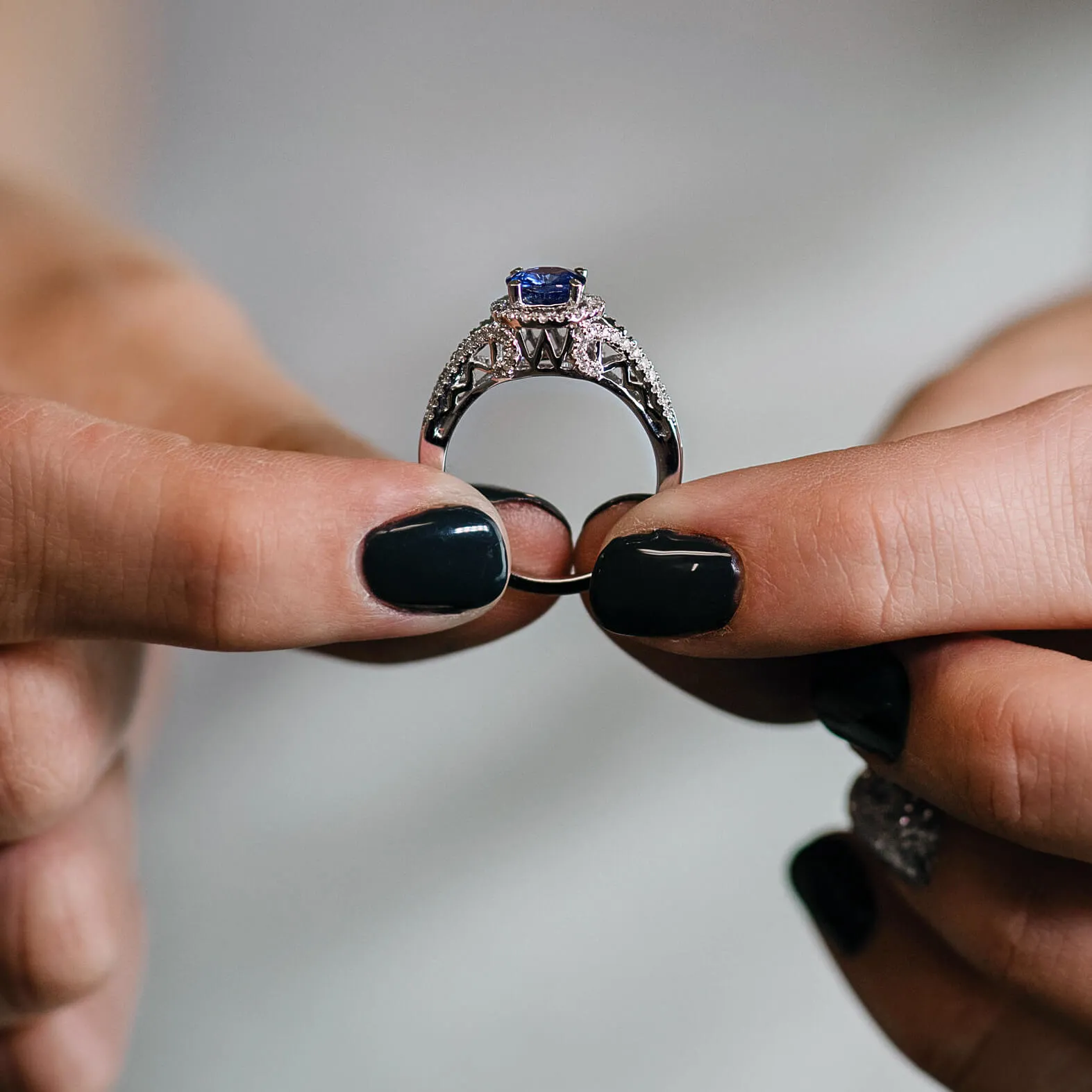 Round Blue Sapphire and Diamond Halo Ring