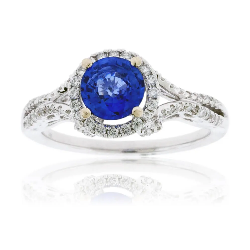 Round Blue Sapphire and Diamond Halo Ring