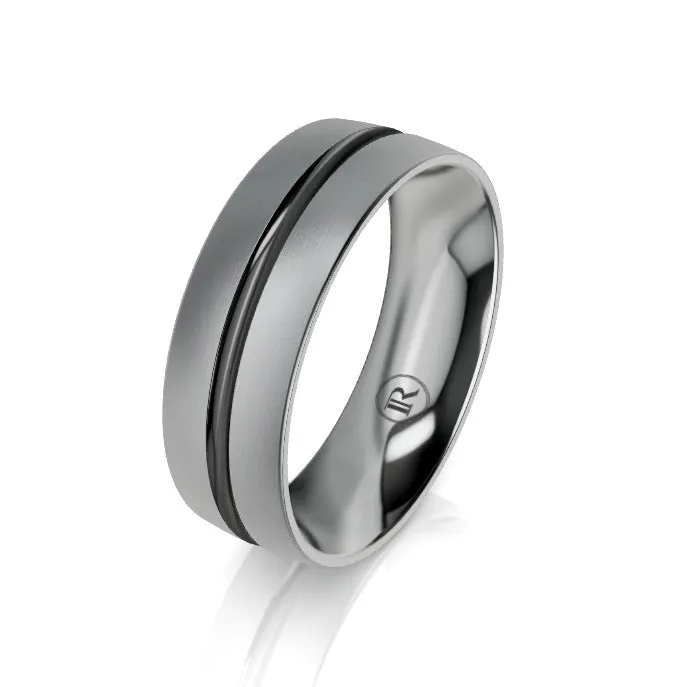 Rounded Centre Groove Black and Grey Zirconium Wedding Ring - Comfort Fit (IN1379)