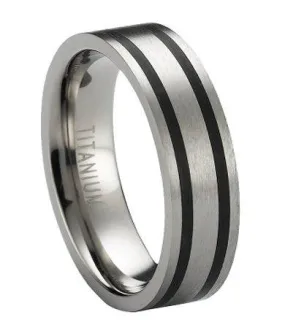 Satin Finished Titanium Wedding Ring with Two Black Bands | 6mm