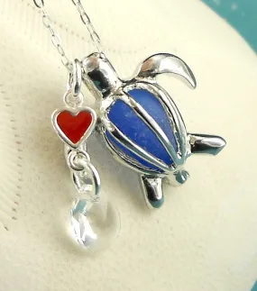 Sea Glass Necklace Turtle Locket Cobalt Blue Heart