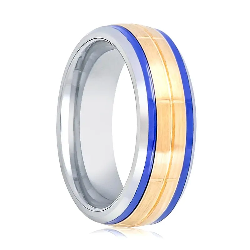 SHIMZO | Silver Tungsten Ring, Blue Hue/Bluish Trims, Domed