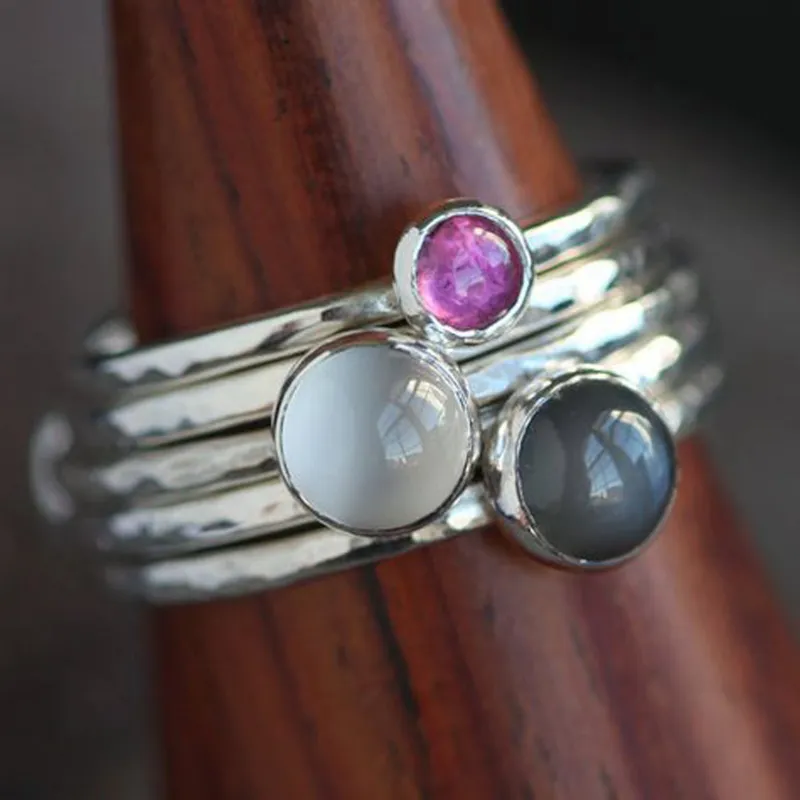 Silver and White Moonstone Hammered Stack Ring