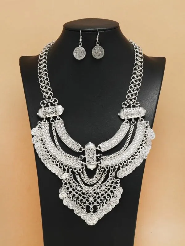 Silver Boho Bib Necklace & Earrings Set