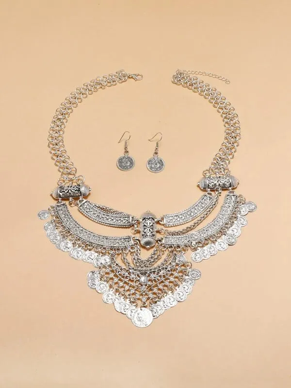 Silver Boho Bib Necklace & Earrings Set