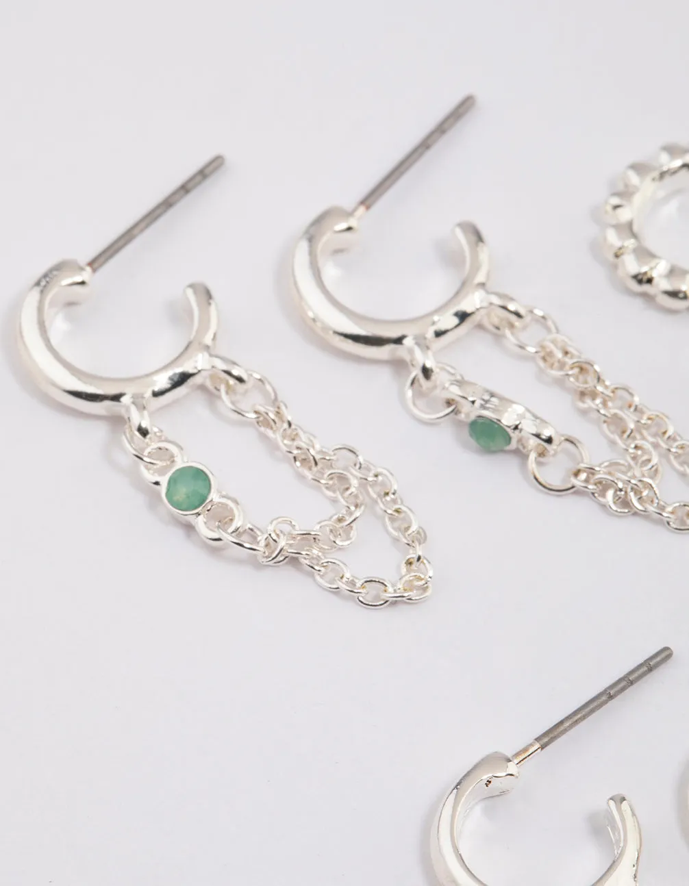 Silver Green Aventurine Star & Chain Earrings 4-Pack