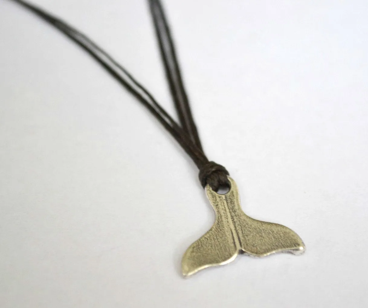 Silver plated whale tail necklace for men, black cord, gift for him