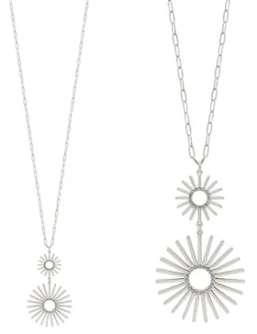 Silver Sunburst with Rhinestone Drop 32" Necklace