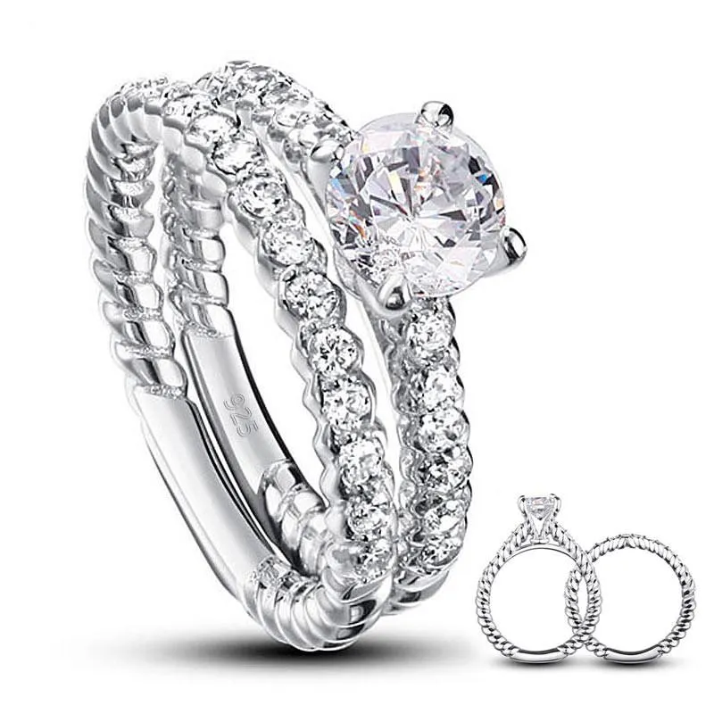 Simulated Diamond 925 Sterling Silver 2-Pcs Wedding Engagement Ring Set