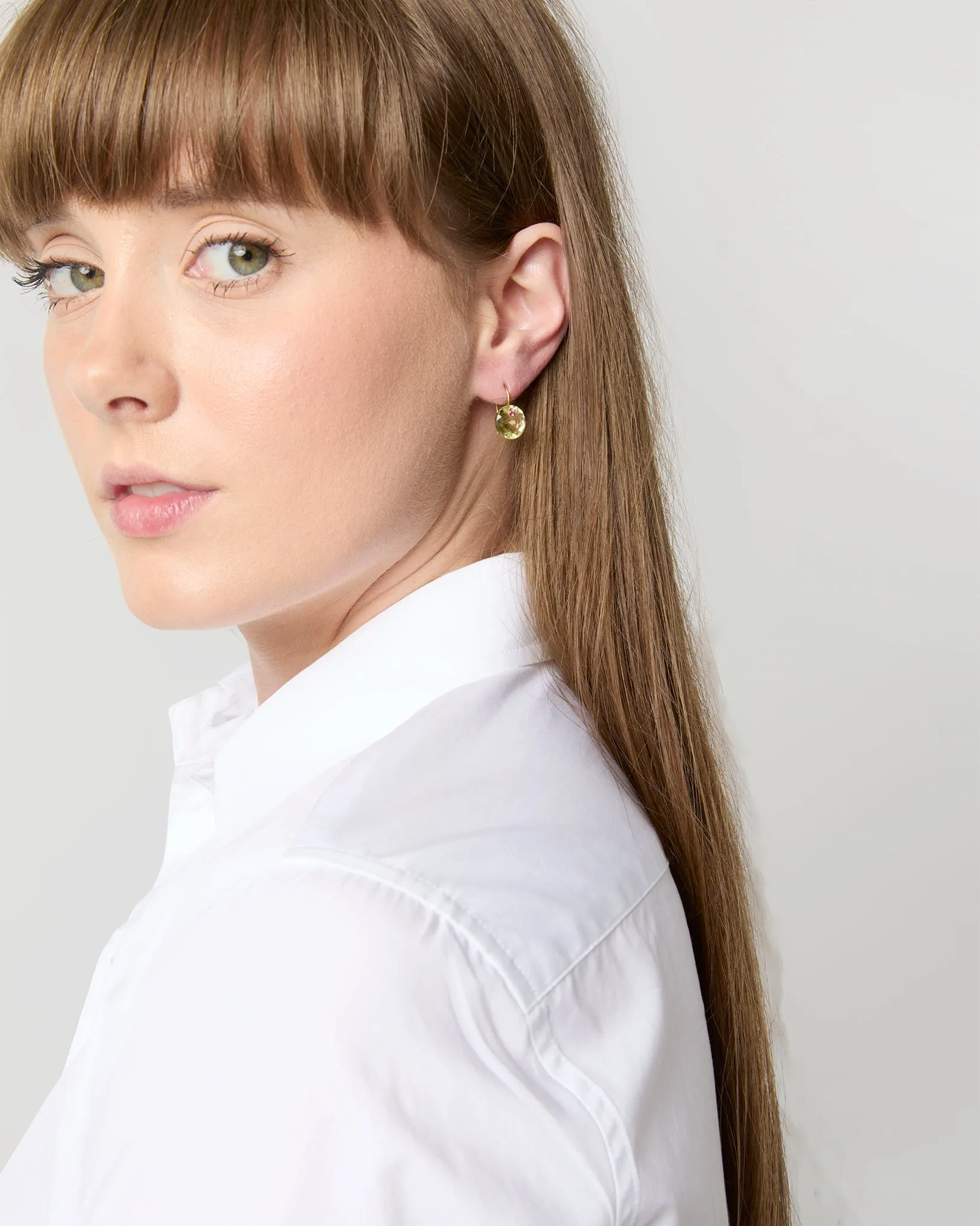 Small Round Gem Earrings in Lemon Quartz/Pink Tourmaline