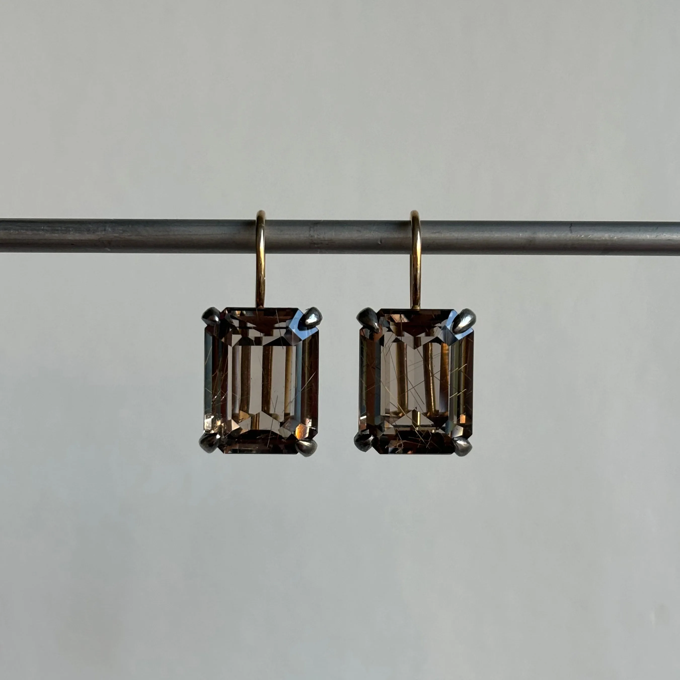 Smokey Rutilated Quartz Emerald Cut Earrings