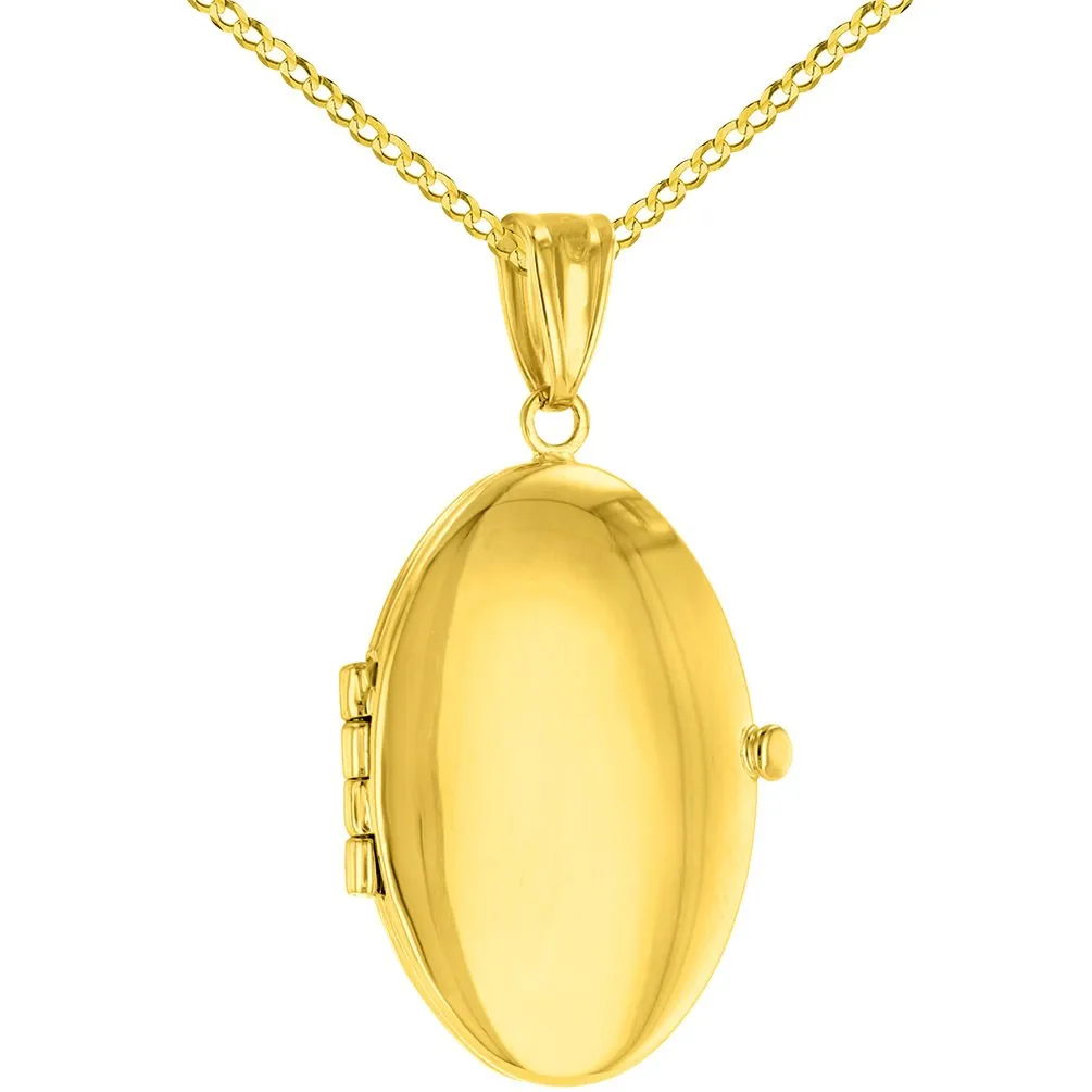 Solid 14K Yellow Gold Oval Locket Charm Pendant with Cable, Curb, or Figaro Chain Necklace