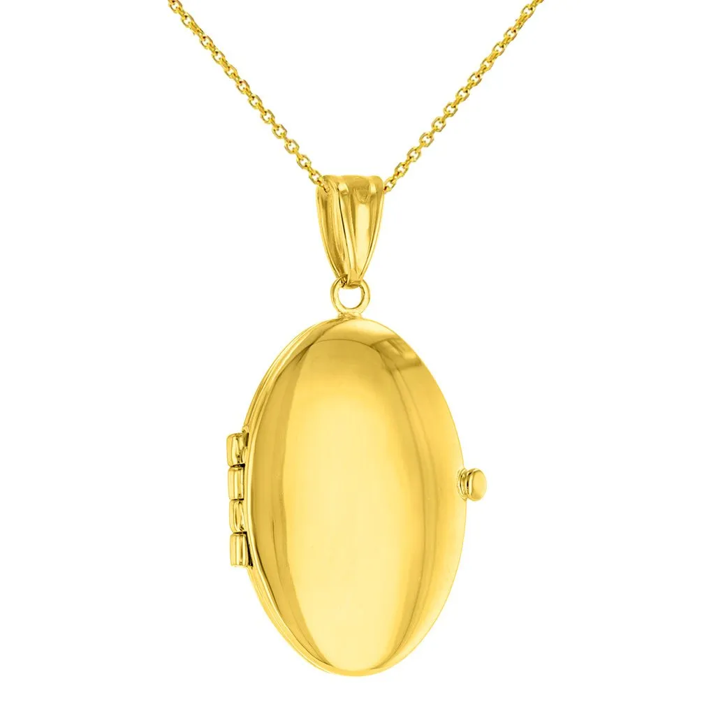 Solid 14K Yellow Gold Oval Locket Charm Pendant with Cable, Curb, or Figaro Chain Necklace