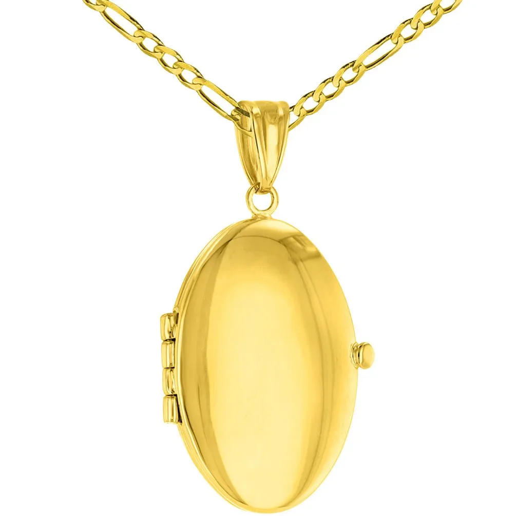 Solid 14K Yellow Gold Oval Locket Charm Pendant with Cable, Curb, or Figaro Chain Necklace