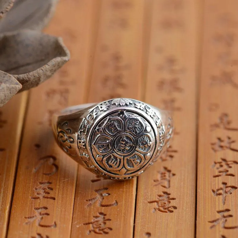 Solid 925 Silver 6 Syllable Lotus Mantra Signet Ring