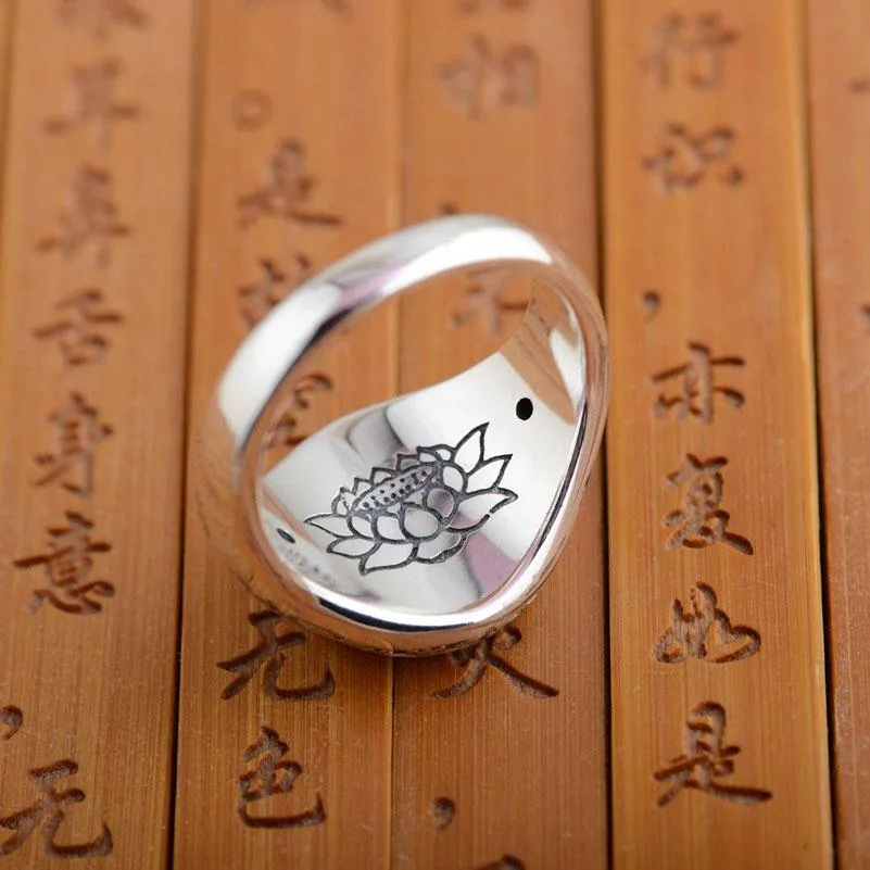 Solid 925 Silver 6 Syllable Lotus Mantra Signet Ring