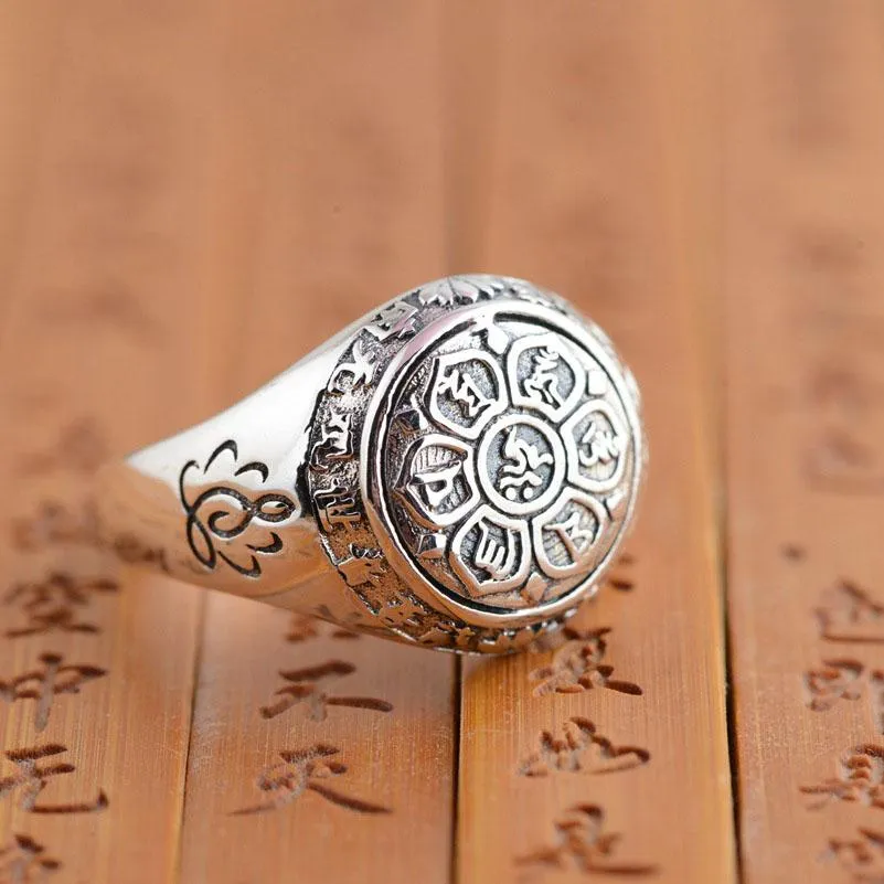 Solid 925 Silver 6 Syllable Lotus Mantra Signet Ring